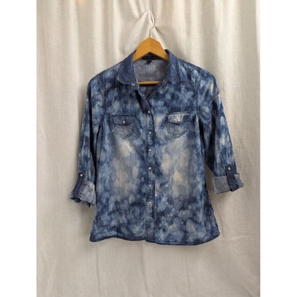 Fire Los Angeles womens M distressed bleached denim long sleeve snap shirt T11 - Picture 5 of 8